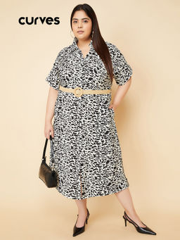max - Women White Animal Printed Shirt Dress with Belt