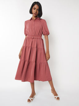 max - Women Pink Textured Tiered Midi Dress with Belt