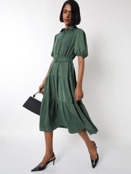 max - Women Green Textured Tiered Midi Dress with Belt