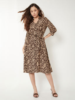 max - Women Brown Printed A-line Shirt Dress with Belt
