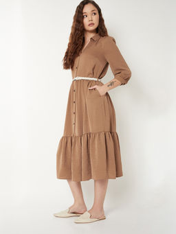 max - Women Beige Textured A-line Tiered Shirt Dress with Belt