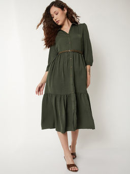 max - Women Green Textured A-line Tiered Shirt Dress with Belt