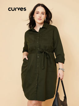 max - Women Olive Solid Shirt Dress with Belt