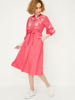 max - Women Pink Embroidered Shirt Dress with Belt