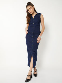 max - Women Navy Blue Ruched Denim Shirt Dress