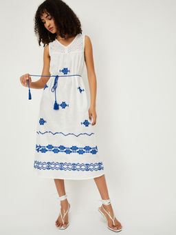 max - Women White Embroidered Midi Dress with Belt