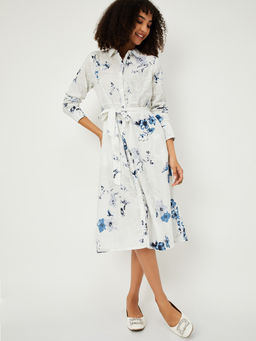 max - Women White Floral Print Shirt Dress with Belt