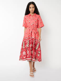 max - Women Pink Printed A-line Shirt Dress with Belt