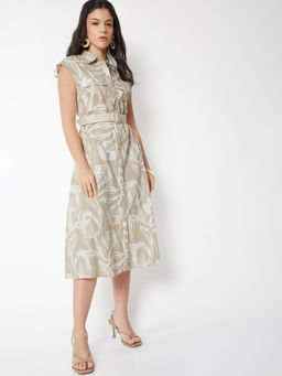 max - Women Beige Printed Shirt Dress with Belt