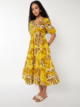 max - Women Yellow Printed Tiered Midi Dress