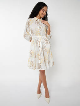 max - Women White Embroidered A-line Shirt Dress with Belt