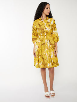 max - Women Yellow Printed Shirt Dress with Belt