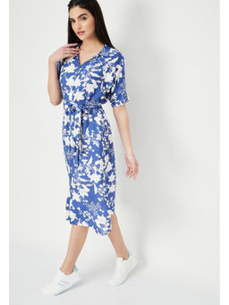 max - Women Blue Printed Shirt Dress with Belt