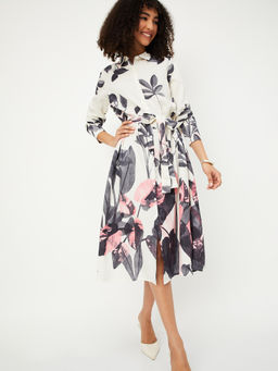 max - Women White Floral Printed Shirt Dress with Belt