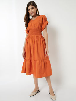 max - Women Orange Smocked Waist Fit and Flare Dress