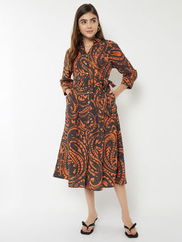 max - Women Black Paisley Print Shirt Dress with Belt