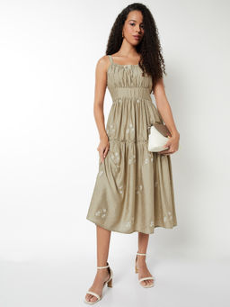 max - Women Beige Floral Embroidered Tiered Midi Dress