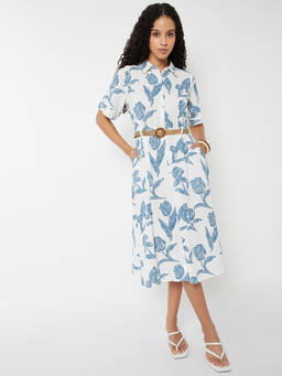 max - Women White Printed Shirt Dress with Belt