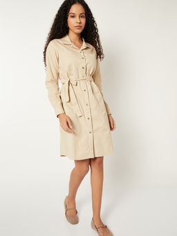 max - Women Beige Solid Shirt Dress with Belt