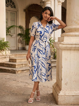 max - Women White Printed Shirt Dress with Belt