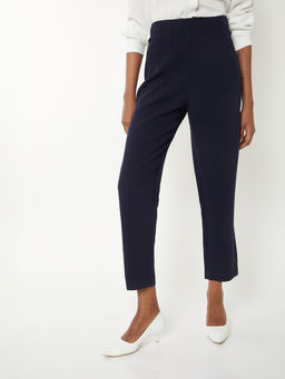 max - Women Navy Blue Solid Formal Trouser