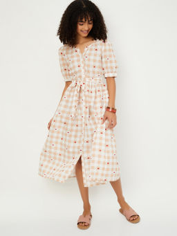 max - Women White Checked A-line Dress with Belt