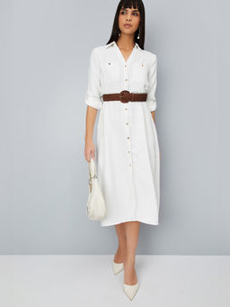 max - Women White Solid Shirt Dress with Belt