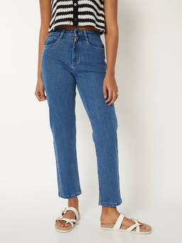 max - Women Blue Solid Mid Rise Straight Fit Jeans