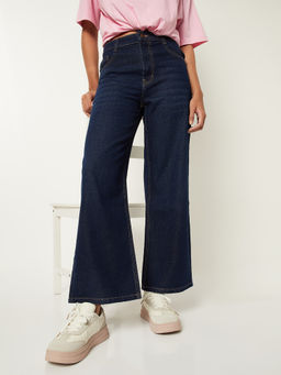 max - Women Navy Blue Whiskered Wide Leg Jeans