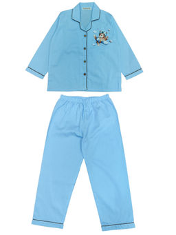 Shopbloom - Kids Blue Aeroplane Teddy Print Long Sleeve Shirt with Pyjama (Set of 2)