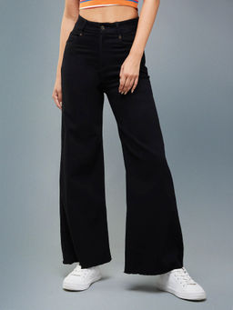 DOLCE CRUDO - Women Black High Rise Stretchable Wide Leg Denim Jeans