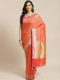 Indethnic - Banarasi Rust Woven Design Party Wear Saree With Unstitched Blouse