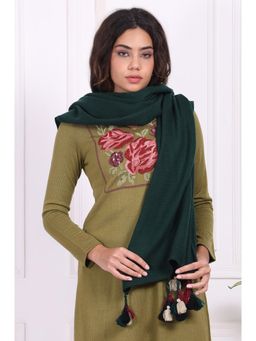 W - For Womens Green Textured Tassel Acro Wool Shawl