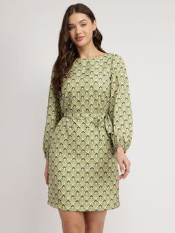 FableStreet - Women Green Floral Mini Length Dress with Belt (Set of 2)