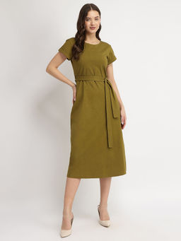 FableStreet - Women Olive Solid Midi Length Dress with Belt (Set of 2)