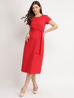 FableStreet - Women Red Solid Midi Length Dress with Belt (Set of 2)