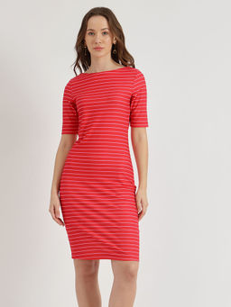 FableStreet - Women Red Stripes Knee Length Dress