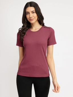 FableStreet - Women Burgundy Textured T-Shirt