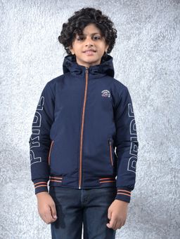 CRIMSOUNE CLUB - Boys Navy Blue Typographic Print Hooded Neck Bomber Jacket