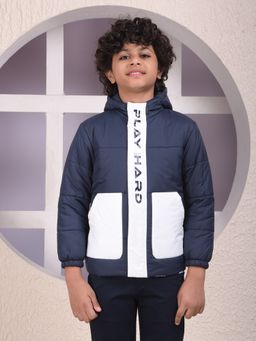 CRIMSOUNE CLUB - Boys Navy Blue Colorblock Hooded Neck Puffer Jacket