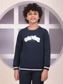 CRIMSOUNE CLUB - Boys Navy Blue Typographic Print Sweatshirt