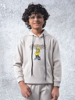 CRIMSOUNE CLUB - Boys Beige Graphic Print Hooded Neck Hoodie