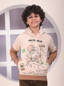 CRIMSOUNE CLUB - Boys Beige Graphic Print Hooded Neck Hoodie