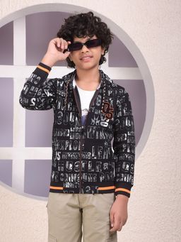 CRIMSOUNE CLUB - Boys Black Typographic Print Hooded Neck Hoodie