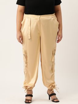 theRebelinme - Plus Size Womens Gold Solid Color Satin Cargo Trouser