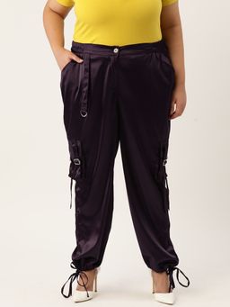 theRebelinme - Plus Size Womens Purple Solid Color Satin Cargo Trouser