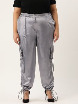 theRebelinme - Plus Size Womens Grey Solid Color Satin Cargo Trouser