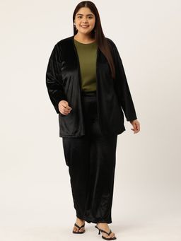 theRebelinme - Plus Size Womens Black Solid Color Velvet Shrug With Trouser (Set of 2)