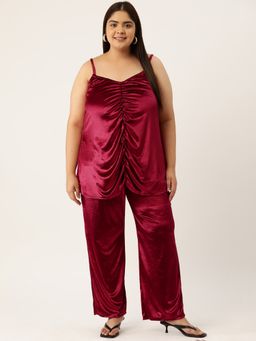 theRebelinme - Plus Size Womens Red Solid Color Velvet Top With Trouser (Set of 2)