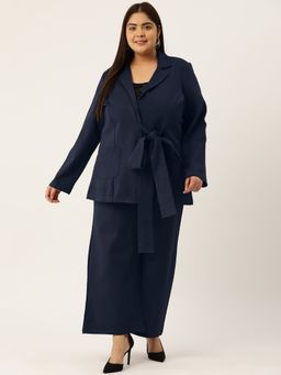 theRebelinme - Plus Size Womens Navy Blue Solid Color Shrug With Flared Trouser (Set of 2)